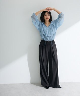 Green Parks チェックシアーフリルブラウス Sax