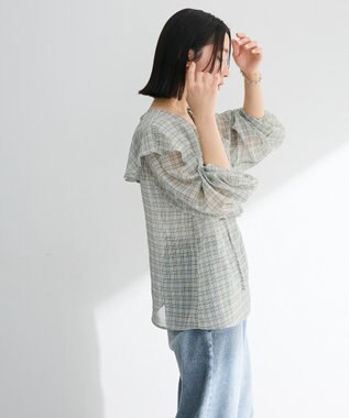 Green Parks チェックシアーフリルブラウス Off White