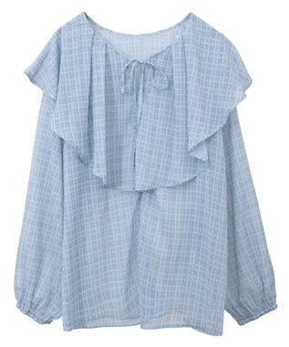 Green Parks チェックシアーフリルブラウス Sax