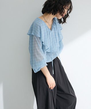 Green Parks チェックシアーフリルブラウス Sax
