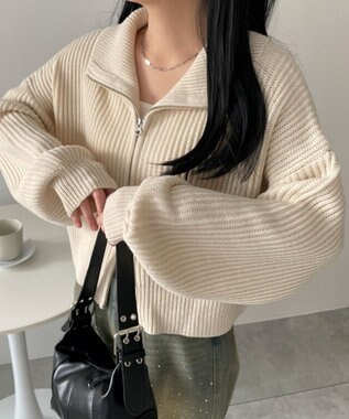 WEGO ダブルジップショートニットブルゾン ホワイトアイボリー