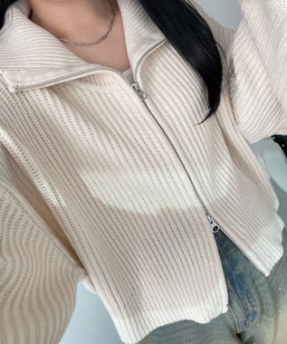 WEGO ダブルジップショートニットブルゾン ホワイトアイボリー