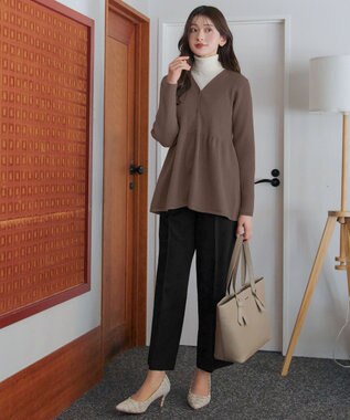 Tiaclasse L 【洗える】リブ切替フレアカーディガン モカ