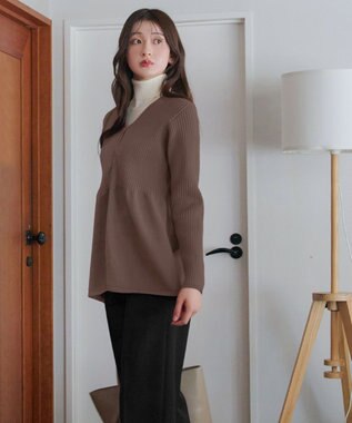 Tiaclasse L 【洗える】リブ切替フレアカーディガン モカ