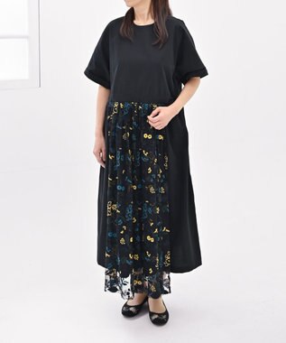 muuc 〈遠州織物の工場で織られた上質なコットン生地〉〈オーガニックコットン〉〈チュール素材に刺繍〉筆記帳刺繍ワンピースドレス ブラック