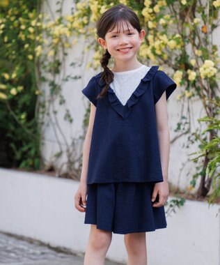 組曲 KIDS 【110-140㎝】サッカーストライプ ブラウス ネイビー