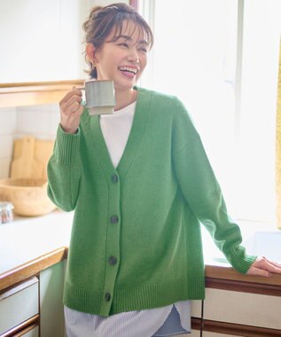 ANY 【洗濯機可】ラムウールVネック カーディガン ライトグリーン系