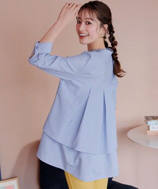 Tiaclasse L 【洗える】バックタックフレアチュニック サックスストライプ