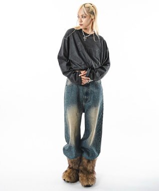 WEGO 【ユニセックス着用ITEM】スーパーバギーラインストーンデニムパンツ デニム中濃加工色