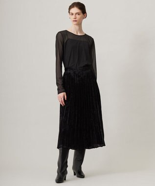 ICB 【洗える】 シアーベルベット プリーツスカート ブラック系