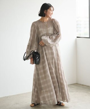 #Newans シアーチェックボリュームワンピース ベージュ