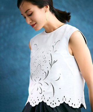 【洗える】GALLERIA / コットンエンブロイダリーノースリーブブラウス