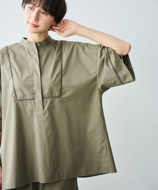 #Newans 【洗える/セットアップ可能】ハシゴレースビブデザインシャツ カーキ