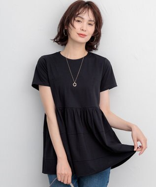 組曲 【WEB限定】プレーティング天竺ビスチェ風ティアード Tシャツ ブラック系