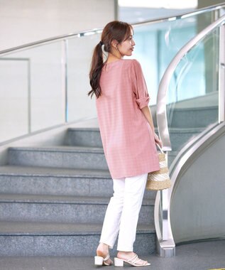 Tiaclasse L 【洗える】シアーチェックリボン袖チュニックブラウス ピンク