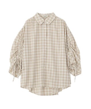 earth music&ecology シャーリングスリーブチェックシャツ Light Beige