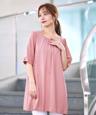 Tiaclasse L 【洗える】シアーチェックリボン袖チュニックブラウス ピンク