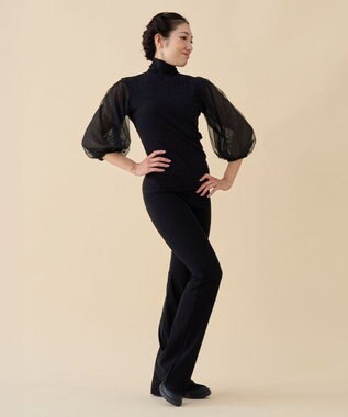 Chacott 【ノーソーイングニット】チュールスリーブハイネックトップ ブラック