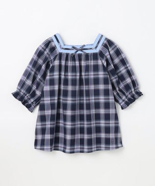 組曲 KIDS 【150-160㎝】プランタンチェック ブラウス ネイビー