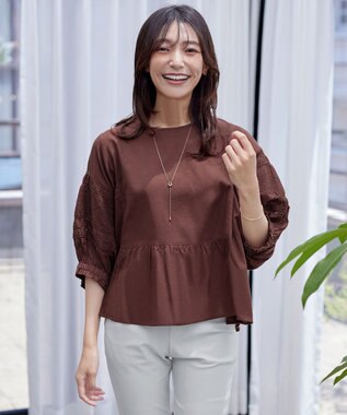 Tiaclasse 【洗える】コットンエンブロイダリーブラウス ブラウン