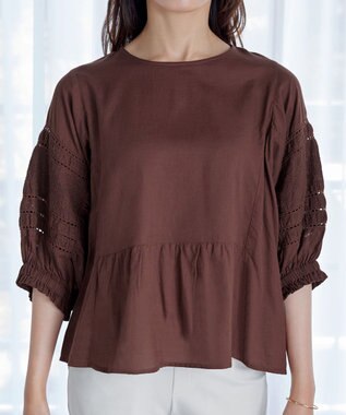Tiaclasse 【洗える】コットンエンブロイダリーブラウス ブラウン