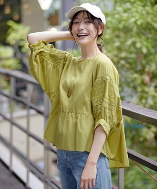 Tiaclasse 【洗える】コットンエンブロイダリーブラウス イエロー