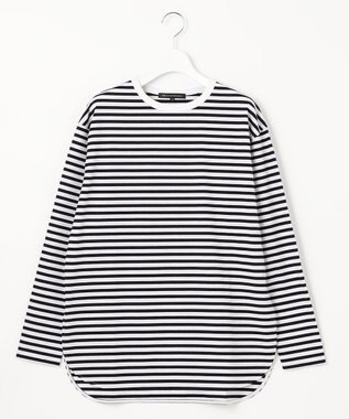 23区 【大好評素材/洗える】コットンベアジャージー ロング Tシャツ ネイビーボーダー