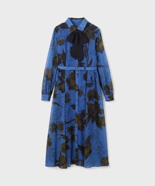 GRACE CONTINENTAL リボン付ロゴフラワープリントワンピース ブルー