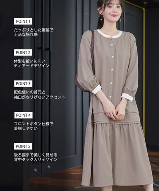 Tiaclasse L ピンタックギャザークレリックシャツワンピース グレージュ