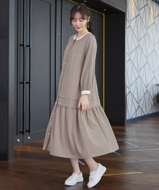 Tiaclasse L ピンタックギャザークレリックシャツワンピース グレージュ