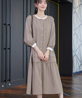 Tiaclasse L ピンタックギャザークレリックシャツワンピース グレージュ