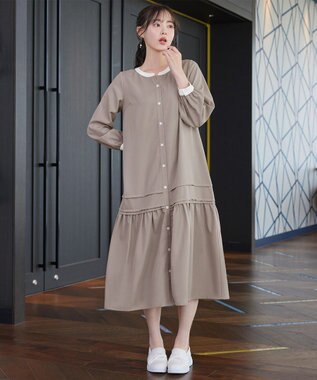 Tiaclasse L ピンタックギャザークレリックシャツワンピース グレージュ