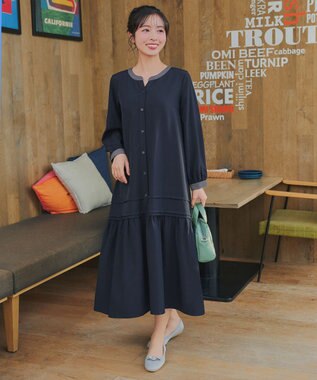 Tiaclasse L ピンタックギャザークレリックシャツワンピース ネイビー