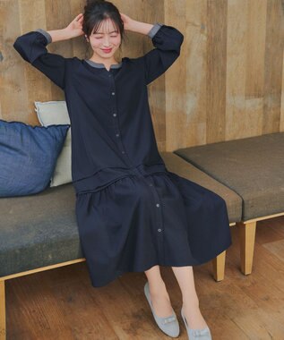 Tiaclasse L ピンタックギャザークレリックシャツワンピース ネイビー