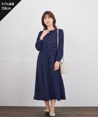 Tiaclasse L 襟フリルリボンワンピース ネイビードット