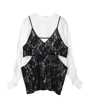 Green Parks AnriettMusee シャーリングスリーブＴシャツ＋レースキャミソールＳＥＴ Black