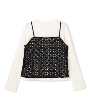 UNFILO L 【2点セット】ラッセルレース キャミレイヤード Tシャツ ブラック