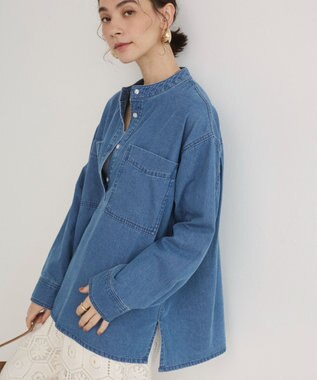 WEGO 【ANGIE VINTAGE】襟が選べる デニム プルオーバー シャツ（バンドカラー/レギュラー） ブルー