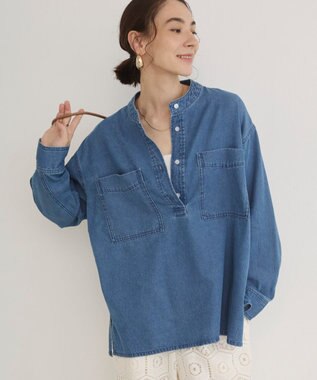 WEGO 【ANGIE VINTAGE】襟が選べる デニム プルオーバー シャツ（バンドカラー/レギュラー） ブルー