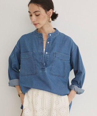 WEGO 【ANGIE VINTAGE】襟が選べる デニム プルオーバー シャツ（バンドカラー/レギュラー） ブルー