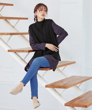 Tiaclasse 【洗える】ケーブル編みニットベスト ブラック