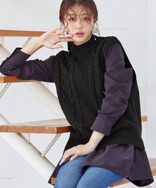 Tiaclasse 【洗える】ケーブル編みニットベスト ブラック