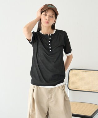 earth music&ecology シアーレイヤード風5分袖プルオーバー Black