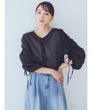 earth music&ecology キラキラシアーギャザーシャツ Black