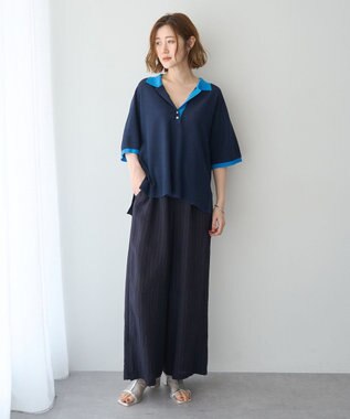 YECCA VECCA 【セットアップ対応】ストライプ柄ワイドパンツ Navy