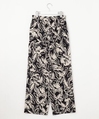 自由区 L 【カタログ掲載・ウエストゴム・洗える】モノトーンフラワープリントワイド パンツ オフｘブラック