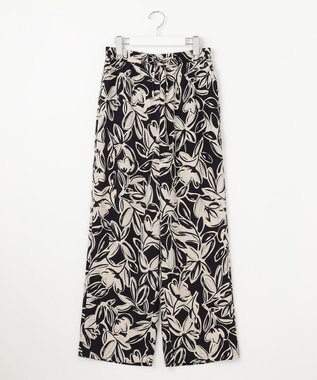 自由区 L 【カタログ掲載・ウエストゴム・洗える】モノトーンフラワープリントワイド パンツ オフｘブラック