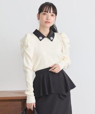 earth music&ecology 襟ビジュー付きニットプルオーバー Ivory