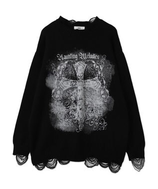 WEGO クラッシュBIGプリントニットプルオーバー ブラック