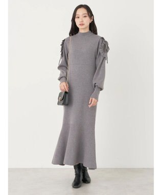 earth music&ecology 袖シアーフリルニットワンピース Gray